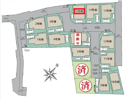 東村山市秋津町3丁目・全15棟　新築一戸建　15号棟の区画図|【全15棟・15号棟】
駐車2台可能(車種制限あり)、日当たり・通風良好な南西角地です。
