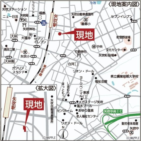 矢吹町小松第６　　　１号棟　　　善郷小学校、矢吹中学区の地図|案内図