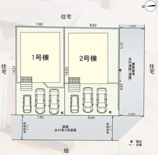 【区画図】 | 平塚市寺田縄  1号棟 第17 | 1号棟　西側約4.0ｍ公道（セットバック済）　駐車並列3台（車種によります）　敷地面積33.6坪