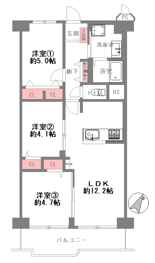 イトーピア鶴見の間取り|中古マンション　3LDK　専有面積：61.60㎡（壁芯）　バルコニー面積：7.45㎡　南東向き