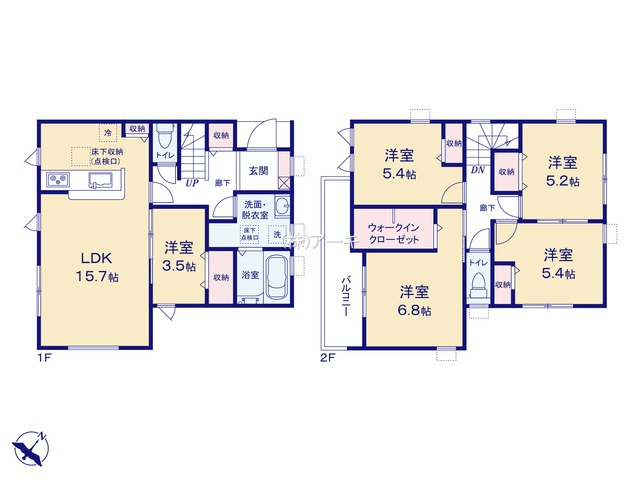 刈谷市井ヶ谷町中切18-1『仲介手数料無料』新築一戸建て・建売の間取り|　5号棟　1F:LDK15.7帖に隣接する洋室3.5帖　CL設置！キッチン収納・廊下収納♪2F:主寝室6.8帖　WIC設置！洋室5.4帖・洋室5.4帖・洋室5.2帖　CL設置♪ワイドバルコニー♪