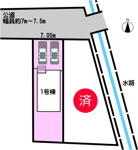 碧南市浜田町の区画図|1号棟　並列駐車２台