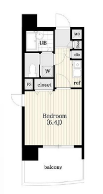 シンシア大森本町の間取り|南向きバルコニー南西角部屋の1K洋室6.4帖バストイレ別