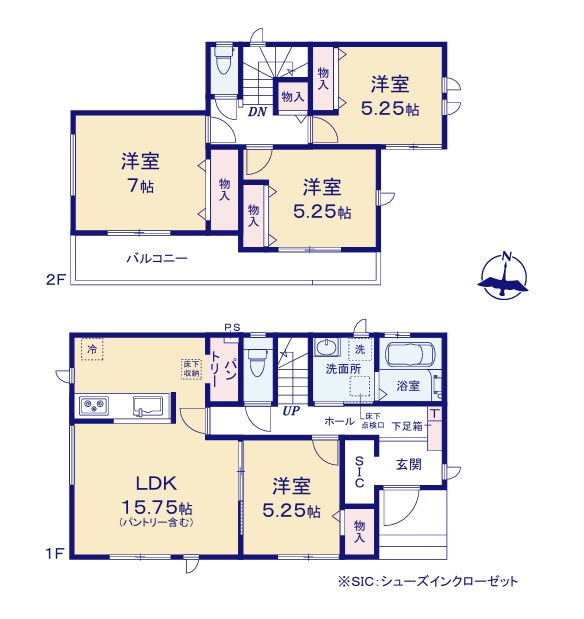 ハートフルタウン 　ひたちなか市津田2020番　Aの間取り|　
☆各部屋を最大限に広く使って頂けるよう、全居室に大容量の収納付き。人気のパントリー、便利なSICも配備！全室明るい南向きの二面窓で通風も良好です。