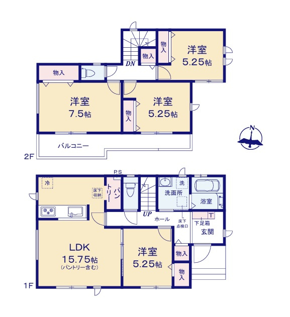 ハートフルタウン 　ひたちなか市津田2020番　Bの間取り|　
☆各部屋を最大限に広く使って頂けるよう、全居室に大容量の収納付き。1.2階廊下にも収納スペース配備！全室明るい南向きです。