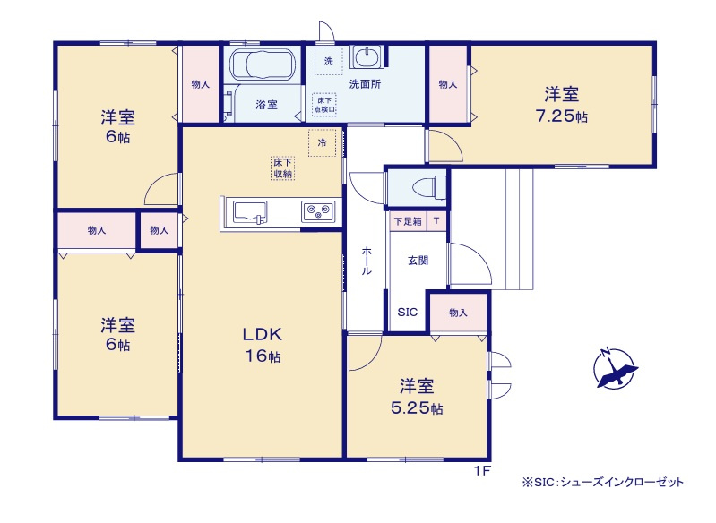 ハートフルタウン 　ひたちなか市津田2612番　Aの間取り|　
☆各部屋を最大限に広く使って頂けるよう、全居室に大容量の収納付き。便利なSICも配備！独立性の高い居室を備えているので来客にも安心です。