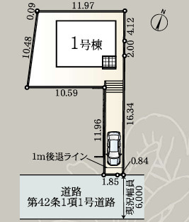 東山田　新築戸建ての区画図|奥行のある専用通路部分は車や自転車なども置ける広さです。車種によって車を2台置けることもできます。