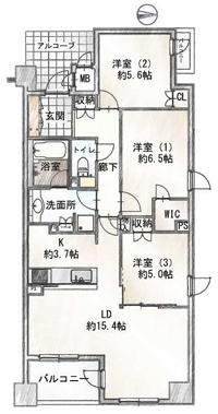ローレルコート京都御所東の間取り|3LDK、価格1億780万円、専有面積82.44㎡、バルコニー面積12.58㎡ 専有面積82.44㎡、3LDKの間取りです。1階北側に窓がございます。