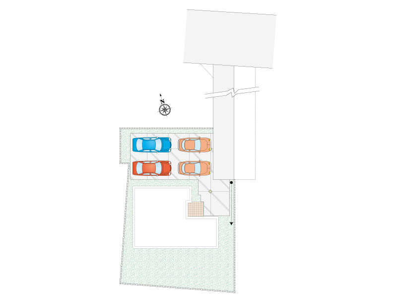 【館林市本町1期全4区画　4号棟　区画図】
敷地面積295.88㎡(89.50坪)(路地状部分67.01㎡(20.27坪)含む)
建物面積109.30㎡(33.06坪)
4台駐車可能！！