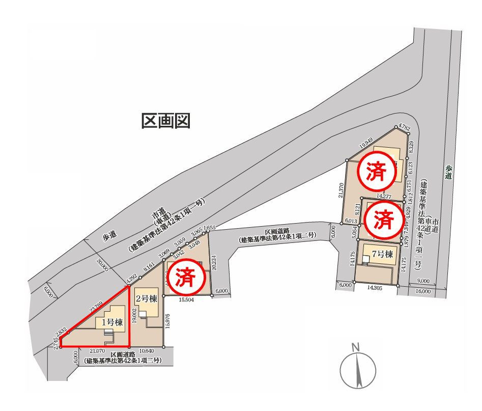 郡山市田村町東山1丁目1期　　　1号棟　　　守山小学校、守山中学区　の区画図|配置図