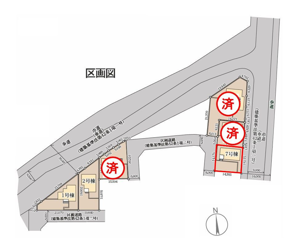 郡山市田村町東山1丁目1期　　　7号棟　　　守山小学校、守山中学区　の区画図|配置図