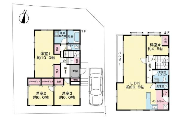 横浜市金沢区富岡東６丁目の中古一戸建の間取り|全居室に収納スペースが配置されゆとりのある間取りです。1階は3部屋を確保し2階には広々としたリビングダイニングが設けられています。洗面やパントリーなどの設備も整い日常の利便性が考慮されています。