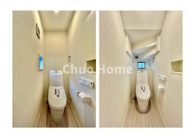 江戸川区春江町5丁目新築分譲住宅のトイレ|【トイレ×2】 収納スペースをしっかりと確保した温水洗浄便座機能付きトイレ。温水洗浄便座は清潔にお使いいただくための大切なアイテムです。