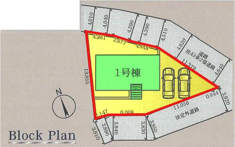 新築　高崎市上大島町第3　クレイドルガーデン　１号棟の区画図|1号棟　区画図　北側接道幅員約4ｍ　南側接道幅員約3.9ｍ


