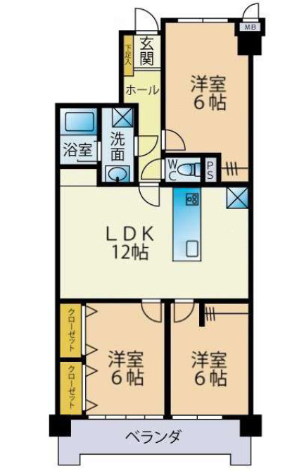 アメニティ富士見の間取り|12帖LDK・各洋室6帖の３LDKの間取りです。