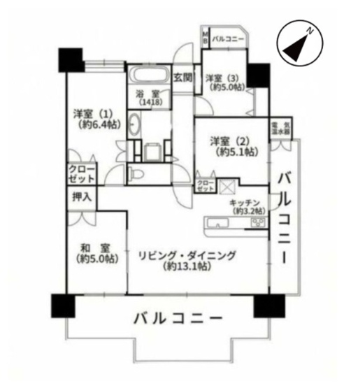 【間取り】 | ヒューマインド美野島並木通り | 【オール電化】通風良い3面バルコニーのペット可4LDK！駐車場空き有◎