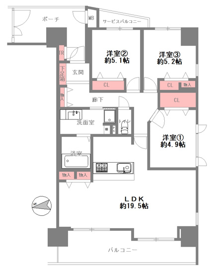【間取り】 | メロディーハイム鶴見パークオアシス | 三方角住戸☆専有面積86平米超え！室内水廻り設備一新！全面リフォーム済☆（2026年5月完了）安心の新調設備保証付き☆食洗機・浴室乾燥機完備☆玄関ポーチ・トランクルーム付きです♪