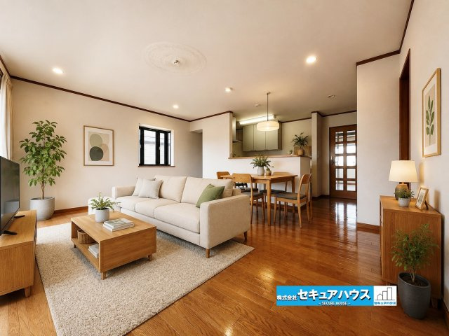 【中古戸建】知多市新知東町1丁目の居間・リビング|【２Fリビング家具イメージ】
※家具はイメージです。
◆2026年7月ハウスクリーニング予定
◆約18.5帖でゆったりと過ごしていただけます。　　