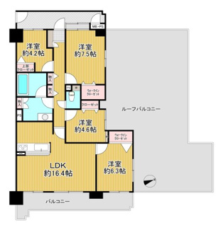 【間取り】 | ライオンズマンション上野芝五丁 | 4LDK×84㎡超のゆとりある住空間。大型ルーフバルコニー付きの角住戸です。