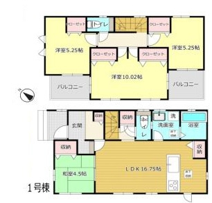 白岡市小久喜　新築一戸建て　01の間取り|10.02帖の広々主寝室完備！ライフステージの変化に合わせて2部屋に分割可能♪