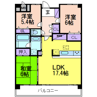 【間取り】 | ポレスター晃望台 | RSC造15階建の８階のお部屋です。３LDK　74.38㎡（壁芯）