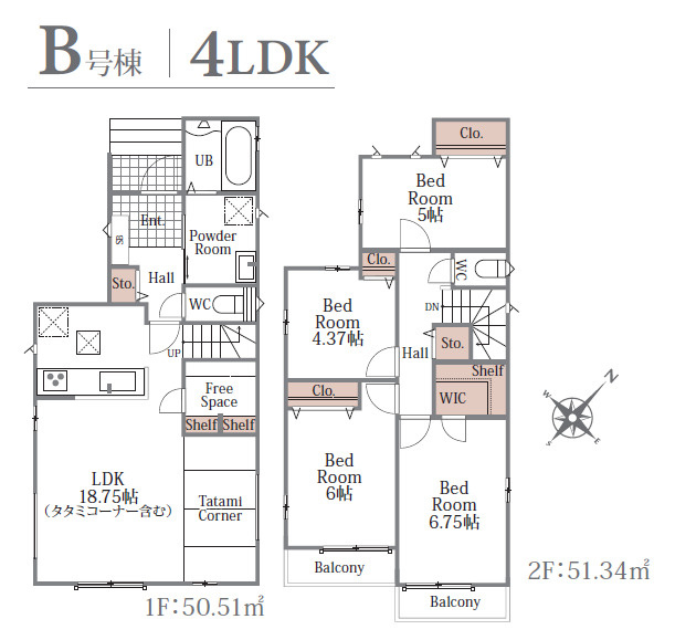 練馬区大泉町1丁目　長期優良住宅　新規分譲全16棟の間取り|B号棟　4LDK+WIC+畳コーナー+フリースペース+カースペース　敷地面積 110.60ｍ2　建物面積 101.85ｍ2