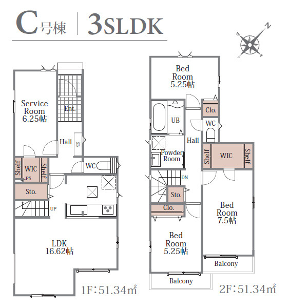 練馬区大泉町1丁目　長期優良住宅　新規分譲全16棟の間取り|C号棟　3LDK+S+2WIC+カースペース　敷地面積 110.60ｍ2　建物面積 102.68ｍ2