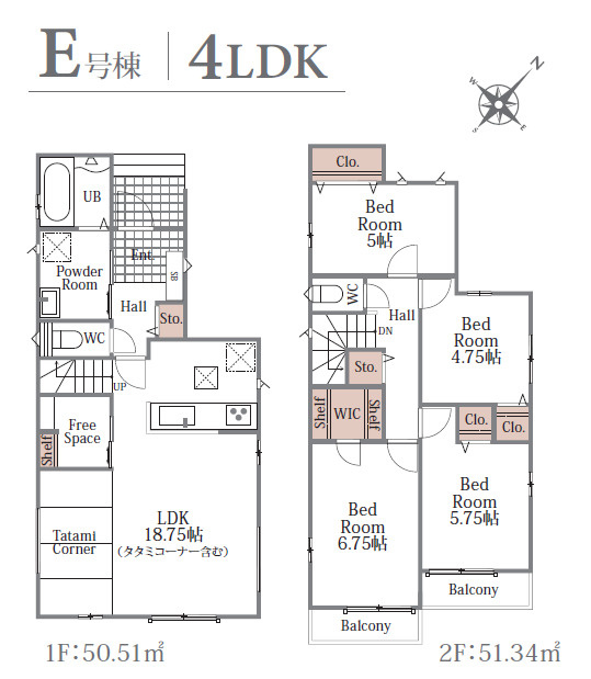練馬区大泉町1丁目　長期優良住宅　新規分譲全16棟の間取り|E号棟　4LDK+WIC+畳コーナー+フリースペース+カースペース　敷地面積 110.60ｍ2　建物面積 101.85ｍ2