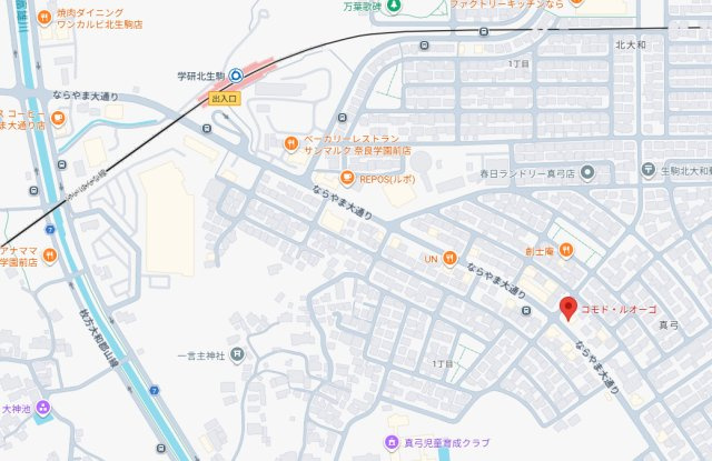 生駒市真弓２丁目の賃貸マンションの地図