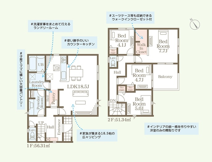 新築　桐生第28相生町　1号棟　Livele Garden.Sの間取り|4LDK　建物約32坪　広々パントリー！オシャレな洗面室♪独立した脱衣所は収納豊富です！