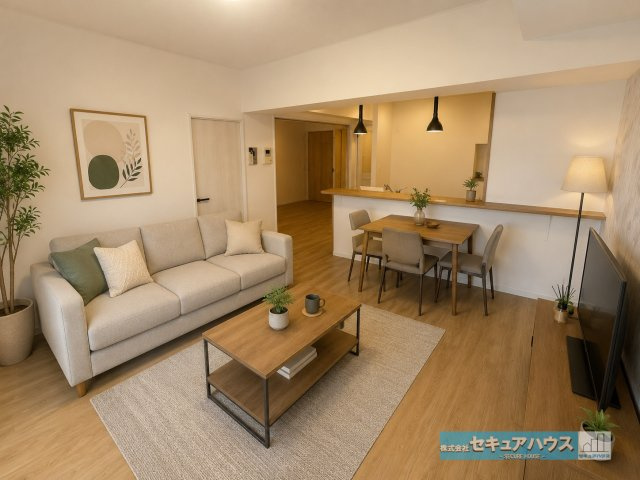 レインボー豊明の居間・リビング|【13.9帖リビングに家具を配置したイメージ図】
◆カウンターキッチンのためダイニングテーブルではなく、椅子を置いて食事を楽しむことができ、ソファスペースを広くとることもできます。　　　　　　　　　　