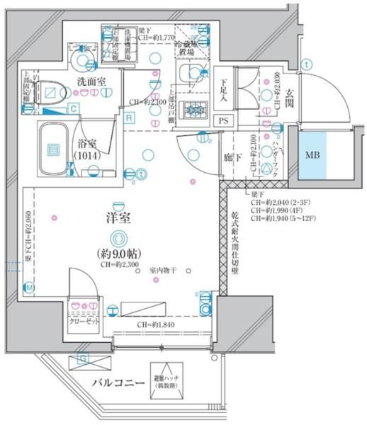 ディアレイシャス蒲田Ⅱの間取り|間取り　東向きバルコニーの1R洋室9帖バストイレ別独立洗面台付！