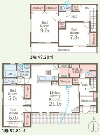 【間取り】 | 高崎市江木町　新築住宅 | 21帖の開放的な大空間LDKと充実した収納力が魅力。1階に水回りと2つの個室があり平屋風にも暮らせます。2階にもトイレがあり、家事動線と生活の快適性を両立した4LDKです♪
