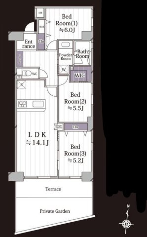 ライオンズガーデン大宮・大和田公園の間取り|3LDK 専有面積72.76m2   テラス8.26m2   専用庭12.39m2
1階住戸ならではの贅沢なレイアウトです。各居室に収納も完備しています。