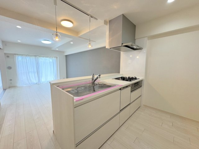 ライオンズガーデン大宮・大和田公園のキッチン|キッチン新規交換
会話が弾む対面式のシステムキッチンです。食洗機や浄水器一体型水栓を備え、家事効率も抜群。背面スペースや廊下・洗面室への動線もスムーズで、毎日の料理や家事が快適にこなせます。