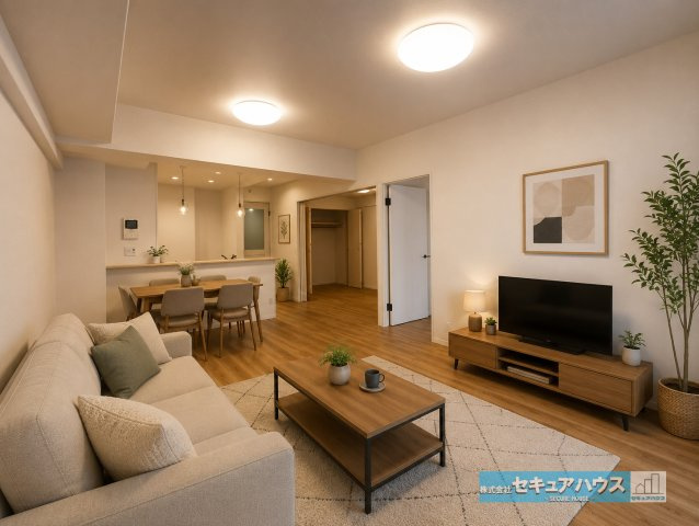 ライフウェルズ日進Ⅰの居間・リビング|【リビングに家具を配置したイメージ図】
◆ダイニングテーブルに合わせて大きなソファを置くことも可能です♪
◆洗練された白い壁に温かみのあるブラウンのフローリングのため、家具も選びやすいです。　　　　　