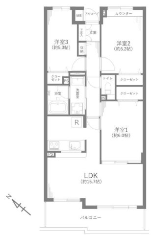 ヴィルヌーブ川越の間取り|3LDK  専有面積71.44m2  バルコニー9.96m2