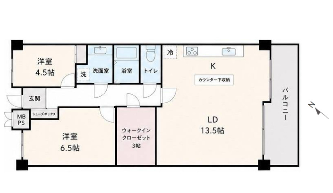 リブゼ温品の間取り|２ＬＤＫ＋ＷICの間取りです。専有面積６３．２２㎡、バルコニー面積8．６６㎡のお部屋です。
