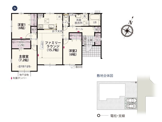 【間取り】 | リビングはお庭に向かって勾配天井になっているので開放感のある空間に♪
センターリビングなので各居室へのアクセスもしやすく動線にも配慮したプランです