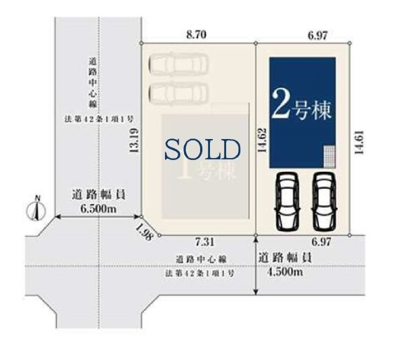 【横浜市緑区東本郷3丁目21-25全2棟新築戸建て】★仲介手数料無料★（東本郷小学校・鴨井中学校）の区画図|敷地面積約30坪超の整形地に建つ一邸。カースペースは並列2台駐車可能で、ご夫婦それぞれのお車や来客時にも便利です。前面道路は約4.5mあり、車の出し入れもしやすい開放感のある立地です。