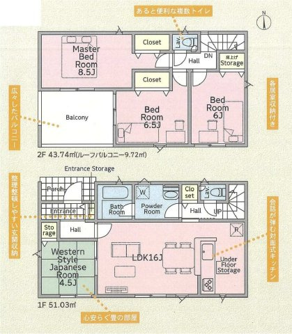 新築　高崎市吉井町本郷第２　クレイドルガーデン　１号棟の間取り|建物面積94.77㎡　全居室南向き♪各部屋収納付きで便利です！日当たりの良いバルコニーはお洗濯物もよく乾きそうです◎
						
