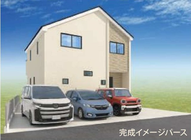 【横浜市緑区三保町2326新築戸建て】★仲介手数料無料★（三保小学校・十日市場中学校）の外観パース|落ち着いたカラーリングとシンプルなフォルムが印象的な新築戸建て。並列3台駐車可能なゆとりある敷地を確保し、ご家族のカーライフにも対応。街並みに調和する上品なデザインが魅力です。