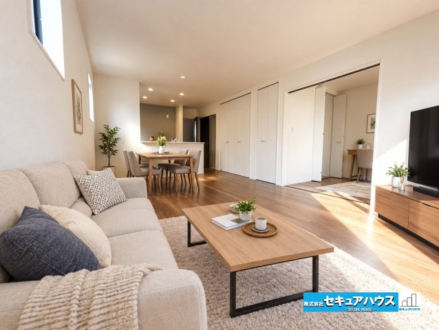 【今からご案内可能】知多市日長台　全1棟の居間・リビング|【LDK】※家具はイメージになります。
◆日当たりが良く温かい広々リビングは家族の団らんスペースになります。