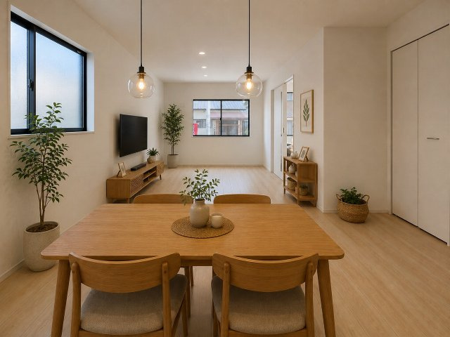 【居間・リビング】 | 大野城市上大利3丁目第5　2号棟（全2棟）【仲介手数料無料・0円】 | 現地写真。家具・家電等はCGによる配置例です。物件には含まれません