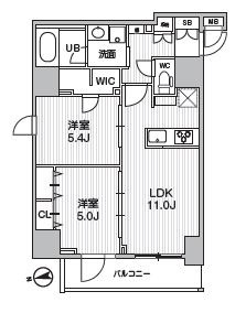 エスレジデンス新御徒町chiaroの間取り|カウンターキッチン、インターネット無料、全室照明付き、リビングと5.4帖洋室にエアコン付