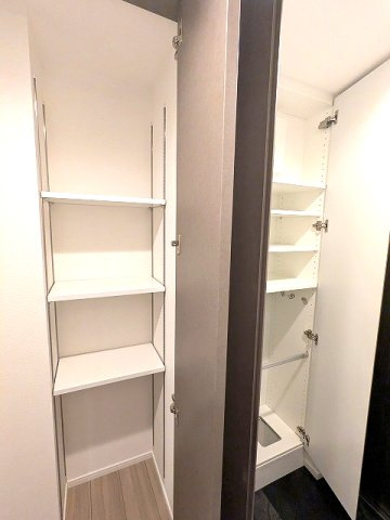 エスレジデンス新御徒町chiaroの設備|傘入れ付収納豊富なトールタイプのシューズBOX、隣に別に奥行きある収納付きの玄関です