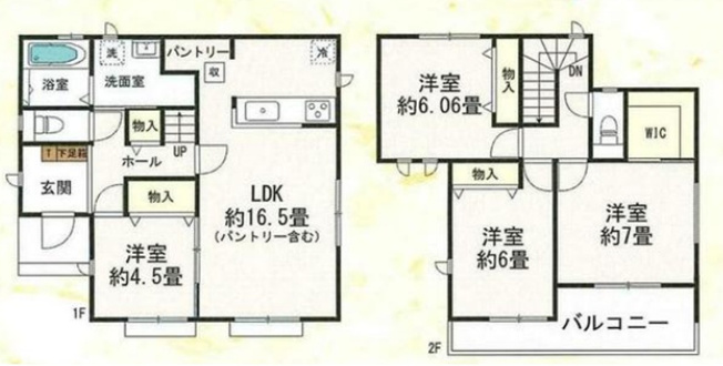 【間取り】 | 高崎市片岡町2丁目　新築住宅 | LDK16.5畳と全居室収納付きの4LDK！パントリーやWICなど豊富な収納を備え、1階にも居室がある家族全員が快適に暮らせる機能的な間取りです。
