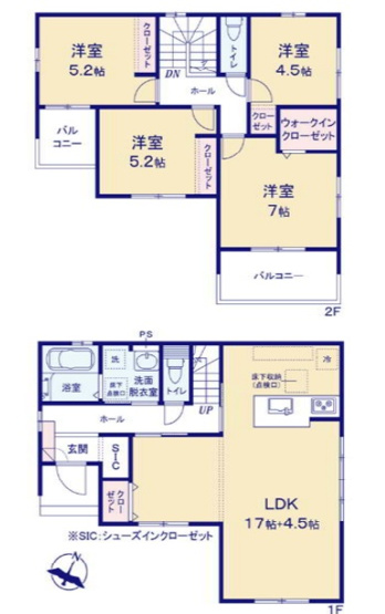 【間取り】 | 高崎市乗附町　新築住宅 | LDKは広々21.5帖で床下収納付き。全居室収納やWIC、SICを備え、各階にトイレがある快適な4LDKです。
