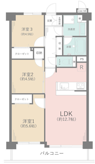 【間取り】 | ライトウェーブ淵野辺本町 | 3LDKは、リビングダイニングキッチンと3つの居室がある間取り。ファミリー層に非常に人気の高い間取りで、広々としたリビングで家族団らんを楽しみ、個室でプライベートな時間も確保できるのが大きな魅力です。