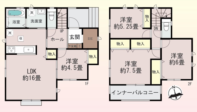 【間取り】 | 高崎市乗附町　新築住宅 | 広々とした16帖のLDKに加え、1階に洋室を配置。玄関には便利なシューズインクロークがあり、2階各居室にも収納を備えた実用的な間取りです。